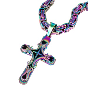 Collana con Ciondolo a Croce Grande e Pesante in Acciaio Inox 316L Placcato Oro, Pendenti Tribali Smaltati in Argento e Nero - Product Image 3