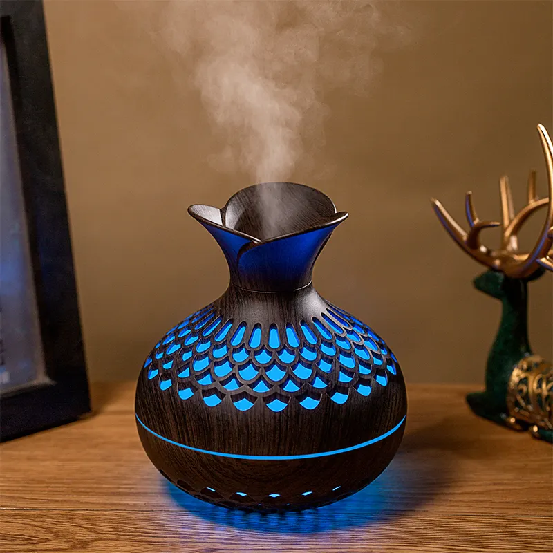Home Room regolabile nebbia in legno tessuto portatile Mini vaso di fiori umidificatore d'aria con luce notturna morbida
