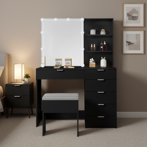 Juego de tocador de maquillaje FCH con espejo iluminado, 6 cajones, 2 estantes, tocador moderno negro para dormitorio - Product Image 2