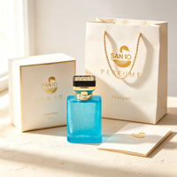 Flacon de parfum en verre bleu 50 ml, texture craquelée, corps légèrement translucide, col doré, bouchon noir, vente en gros