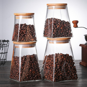 Glass <b>Storage</b> Jar Square Wooden Lid Coffee Bean Container <b>Kitchen</b> Organizer - Product Image 5