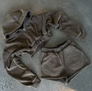 Özel şortlar Sweatsuits Set iki parçalı pamuk Zip Up asit yıkama eşofman boş Vintage sıkıntılı kırpma Hoodies eşofman kadın