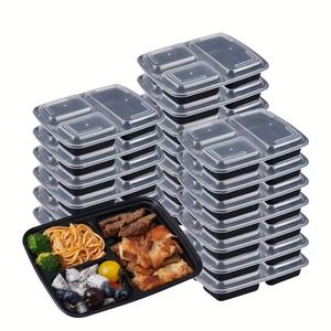 Boîtes alimentaires jetables pour micro-ondes, 3 compartiments, en PP, avec couvercle transparent, noires, pour emporter - Product Image 1