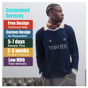 Custom Knitted <strong>Jumper</strong> <strong>Men</strong> Navy Blue Contrast Collar Long Sleeve <strong>Polo</strong> <strong>Jumper</strong> Team Graphic Vintage Soccer Style Knit <strong>Jumper</strong> OEM - Product Image 1