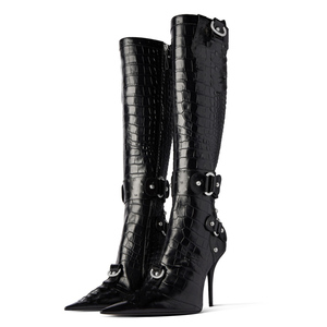 Women's Metal Decor Knee High <b>Boots</b> Pointed Toe Animal Print Long Booties Stiletto Side Zipper Stage Shoes - Product Image 3
