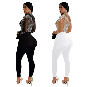 Vente en gros de combishorts de couleur unie à col haut pour femmes en stock combinaison de luxe perlée pour soirée en club pour filles - Product Image 2