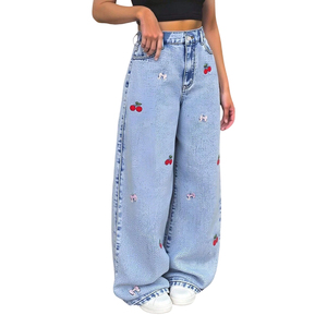 Adorabili <span class=keywords><strong>Jeans</strong></span> Blu per Ragazze Adolescenti con Vita Elastica e Ricamo a Ciliegia, Pantaloni in Denim Comodi e Casual per Bambine, Personalizzabili - Product Image 4