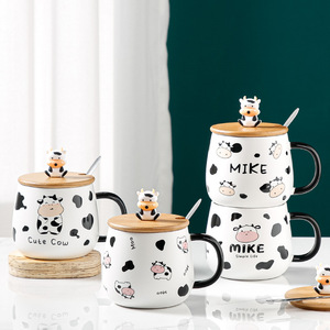 Logotipo personalizado 480ml Alta Capacidade Reutilizável Novos Desenhos Animados Bonito Vaca Design Caneca De Café Copos De Cerâmica com Tampa Colher - Product Image 6
