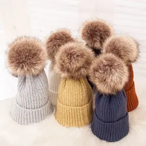 2024 Kids knitted hats warm plain women ladies winter faux fur ball pom pom beanie hat