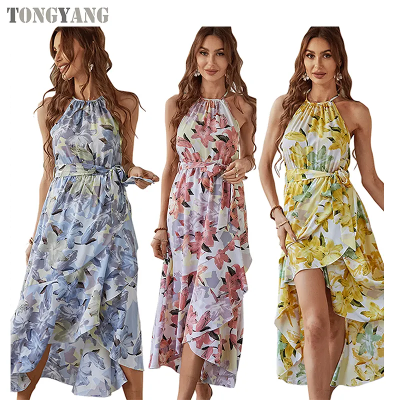 Tongyang 2022 Nieuwe Vrouwen Chiffon Jurken Dames Zomer Elegante Lange Rokken Sexy Bloemen Strand Boho Jurken