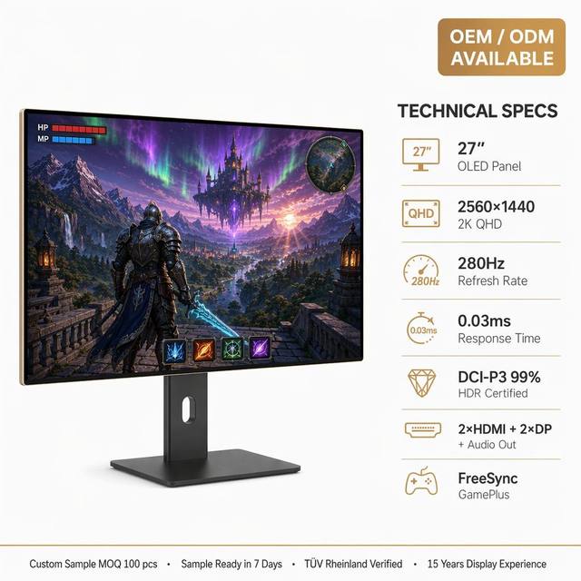 27 Inch 2K OLED Gaming Monitor 280Hz 0.03ms QHD 2560x1440  HDR DCI-P3 99% FreeSync PC Computer Display OEM ODM