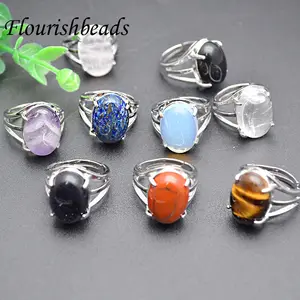 Fashion Natural Lapis Tiger Eye Amethyst Onyx Oval Cabochon Copper Open Rings For Women Jewelry Making