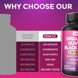 OEM Orégano, Alho, Folha de Oliveira, Semente Negra + 5 Outros Ingredientes, 100 Cápsulas, Suplemento de Óleo de Semente Negra e Sabugueiro - Product Image 2