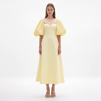 Nouvelle Robe Midi Femme Jaune Pâle à Col Carré, Bustier Ajusté, Manches Bouffantes Froncées, Coupe Évasée, Personnalisable, Vente en Gros
