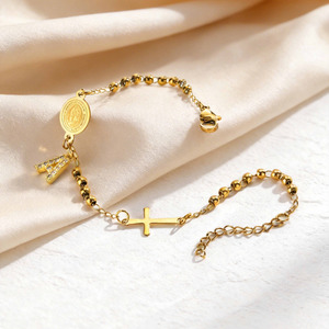 Bracelet en acier inoxydable 316L plaqué or 18 carats <span class=keywords><strong>avec</strong></span> initiale en zircon cubique pour femme, médaille religieuse, croix, breloque alphabet, chaîne perlée, cadeau bijou - Product Image 4