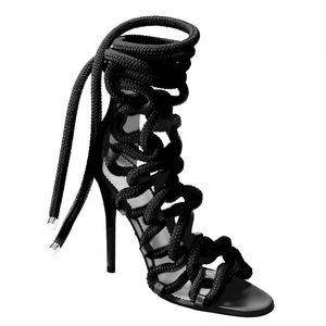 Sandales habillées pour femmes à lacets, style spécial, en tissu, couleur unie, à bout ouvert croisé, talons fins et hauts - Product Image 6