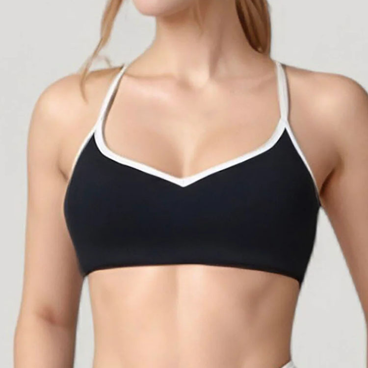 OEM Custom Manufacturers Breathable Color Block V Neckline Thin Adjustable Straps Y-Back Contrast Trim Sports Bra for Women