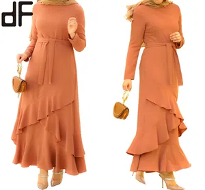 OEM Islamische Kleidung Muslimische Frauen Abaya Großhandel Gebet Muslim Dubai Style Taille Gürtel Lange Maxi Rüschen Saum Kaffee Modest Kleid