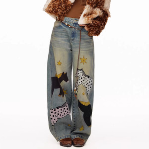 Pantaloni <span class=keywords><strong>Lunghi</strong></span> da Donna, <span class=keywords><strong>Jeans</strong></span> <span class=keywords><strong>Larghi</strong></span> Strappati con Grafiche, Gamba Larga Casual Lavato per Estate Autunno Primavera. - Product Image 1