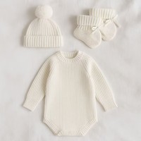 Gebreide romper voor babymeisjes, herfst/winter, 100% katoen, lange mouwen, trui, babykledingset met muts, zacht, comfortabel, knoopjes