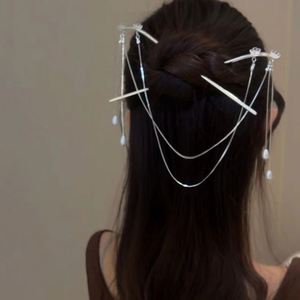 Horquillas de aleación con doble flor, borlas y perlas, soporte para moño, joyería para el cabello, horquillas estilo chino con diseño de abanico, accesorios para el cabello Cheongsam - Product Image 3