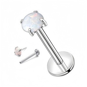 Boucles d'oreilles clous en acier titane et opale, sertissage à griffes, couleur argent, pour cartilage d'oreille, bijou de nez, accessoire de piercing - Product Image 2