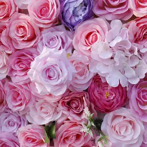 सीज़न गुलाबी गुलाब पैनल कृत्रिम फूलों की दीवार 3डी शादी की पृष्ठभूमि अनुकूलित रेशम के फूलों की दीवार