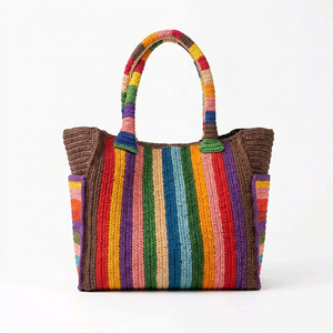Striped <b>Raffia</b> Tote Bag Bohemian <b>Handbag</b> Water-Resistant Open Top Cotton Lining Portable for Spring Beach Travel Daily Use - Product Image 2