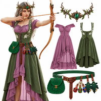 Set Kostum Peri Elf Renaisans, Gaun Peri Hutan Abad Pertengahan dengan Korset, Sabuk, Kantong, Hiasan Kepala Daun, Pakaian Cosplay Halloween