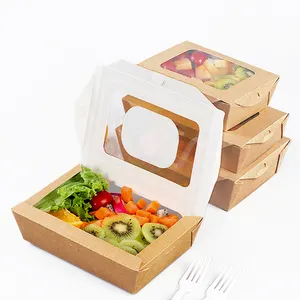 Groothandel Biologisch Afbreekbaar Sushi Fruit Groente Salade Kids Maaltijd Takeaway Lunch Voedsel Verpakking Kraftpapier Doos Met Twee Ramen