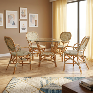 Modern Rattan Dining Set 5 Piece Cross Back Chairs Glass <b>Top</b> Table Coastal Style Home Furniture - Product Image 3