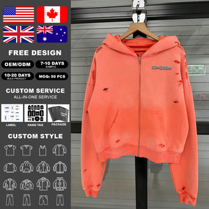 เสื้อฮู้ดดี้ผ้าฝ้ายทรงโอเวอร์ไซส์ ปักลายแบบดิสเทรส สไตล์สตรีทแวร์ ซิปหน้า - Product Image 2