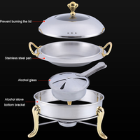 Plat à réchaud brossé avec couvercle bombé et fenêtre de visualisation en verre, trépied doré/argenté en option, lampe à alcool, chauffe-plats 85-100°C pour buffet