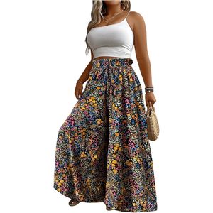 Pantalon palazzo fluide grande taille pour femme, motif floral, coupe large, taille haute, style bohème, idéal pour les vacances d'été et les croisières - Product Image 1