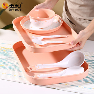 Wuhe Melamine Tableware Set 5 In 1 With Bowl <b>Plate</b> Spoon Fork For Daily Use Rectangular Design Polka Dots Pattern - Product Image 4