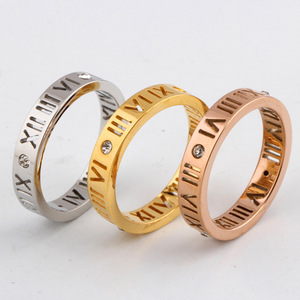 Bagues de mode 4 mm en acier inoxydable avec chiffres romains sertis de diamants, bijoux unisexes, cadeau, or rose, argent, or - Product Image 2