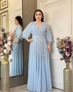 女性阿巴亚斯伊斯兰时尚实心钻石穆斯林女装长袖束带开斋节连衣裙摩洛哥卡夫坦女装 - Product Image 5