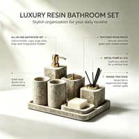 Ensemble de salle de bain en résine marbrée beige 7 pièces, distributeur de savon, couleur personnalisée, décoration moderne pour la maison, accessoires de salle de bain de luxe