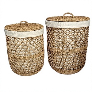 Panier de rangement circulaire en jonc de mer naturel écologique avec couvercle, panier à linge moderne tressé pour la décoration de la maison et de la chambre - Product Image 3