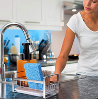 Porte-éponge d'évier de cuisine en acier inoxydable 304 pour distributeur de brosse à savon, organisateur d'évier de comptoir avec plateau de vidange amovible