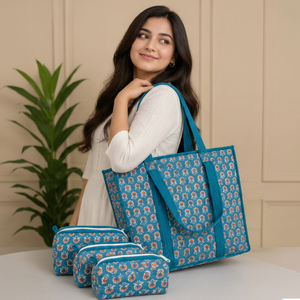 Ensemble de sacs fourre-tout en coton imprimé, fabriqués à la main en Inde, organisateur de voyage en textile, sac de courses réutilisable avec pochettes zippées assorties, pour le transport quotidien - Product Image 1