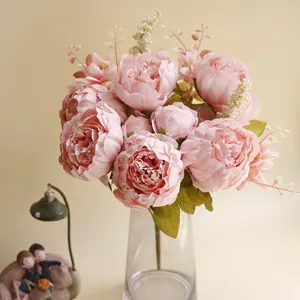 Flower Bouquet Supplies Home Hall Decoration Pink Artificial Big Peony Flowers Bouquet 11 Heads Decorations For Shopping Mall