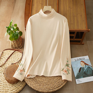 Women's Embroidered High Neck Long Sleeve T-Shirt Slim Fit Soft Warm Inner <b>Layer</b> <b>Top</b> Autumn Winter Clothing - Product Image 5