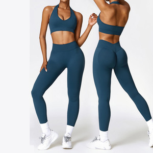 Venta al por mayor de ropa deportiva de yoga para mujer con logotipo personalizado 2 piezas conjunto Halter Sexy sujetador y en forma de <span class=keywords><strong>V</strong></span> Leggings de cintura alta gimnasio Fitness conjunto - Product Image 1