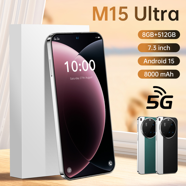7.3 Inch M15 Ultra Smartphone Android 15 16GB RAM + 1TB Storage 4G Dual SIM HD Screen 108MP Rear English Global Unlocked