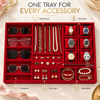 Plateau organisateur de bijoux en velours rouge personnalisé avec tiroir amovible et compartiments sur mesure pour bagues, boucles d'oreilles, colliers et montres