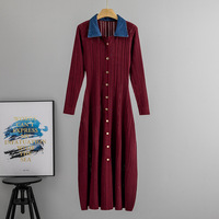 Robe trapèze vintage française color-block pour femme, à manches longues, taille cintrée, idéale pour le bureau – Vêtements féminins tendance en gros