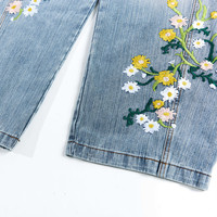 Jeans pour hommes, hiver et automne, vintage, broderie florale, lavage à la chaux, lavage au sable, taille mi-haute, coupe bootcut, ample, large