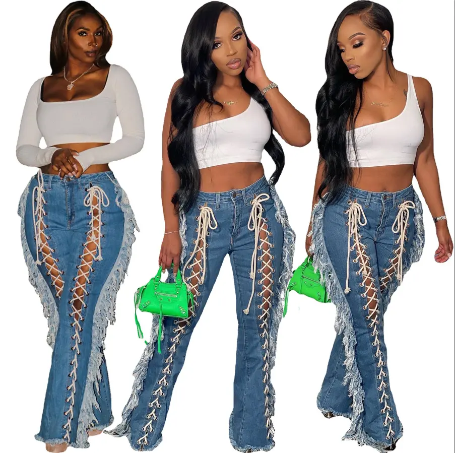 New Design Straight Tassels Women Jeans Sexy Cut Out Corn Lace Up Flare Bottom Summer Plus Size Women's Jeans