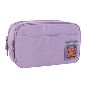 Trousse à crayons violette avec patch ours, sac de papeterie zippé pour l'école et le bureau - Product Image 2